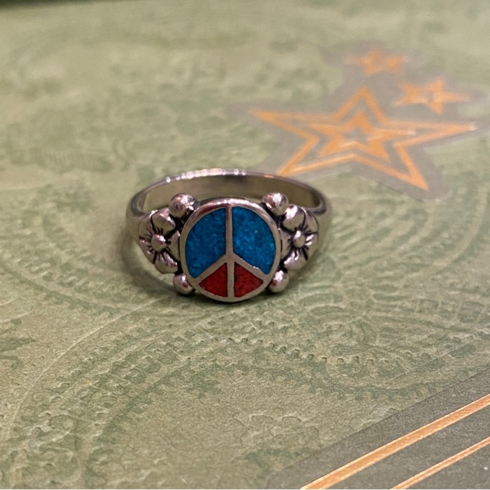 Silver Ring with Peace Sign and Enamel Accents
